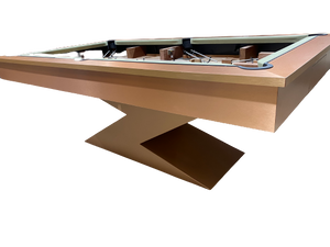 Brushed copper pool table with unique X-shaped base and convertible design.