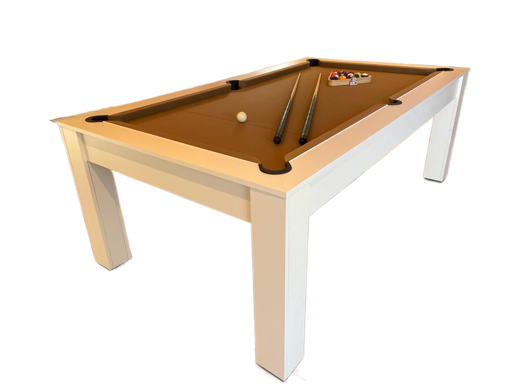 Satin white Rosetta pool dining table with tan felt and accessories.