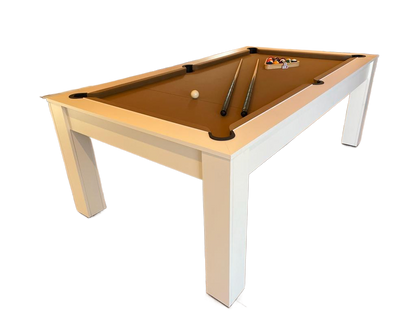 Satin white Rosetta pool dining table with tan felt and accessories.