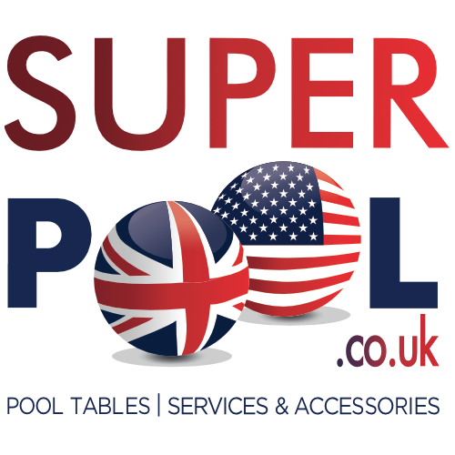 Superpool logo featuring UK and US flags with pool table accessories tagline.