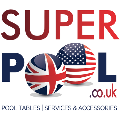 Superpool logo featuring UK and US flags with pool table accessories tagline.