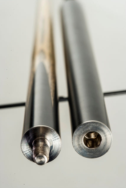 Close-up of Britannia Steel Range cue joint with precision threading.