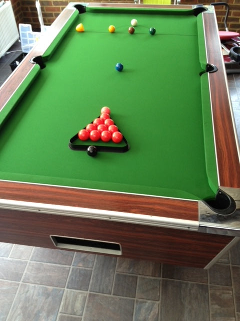 Reconditioned 7' x 4' Rosewood Superleague pool table with green felt and triangle setup.