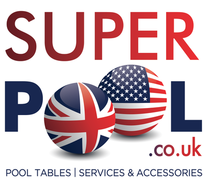 Superpool logo featuring UK and US flags with text 'Pool Tables, Services & Accessories'.