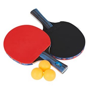 Table tennis set with two paddles and three yellow balls.