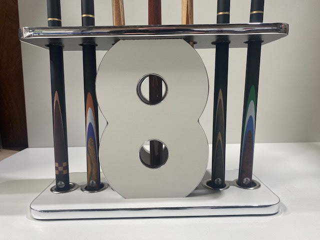 Detailed view of Superpool '8' Cue Stand with figure 8 design and cues.