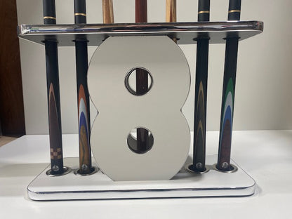 Detailed view of Superpool '8' Cue Stand with figure 8 design and cues.
