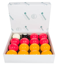 Load image into Gallery viewer, Set of Aramith billiard balls in a box, including red, yellow, and black balls.